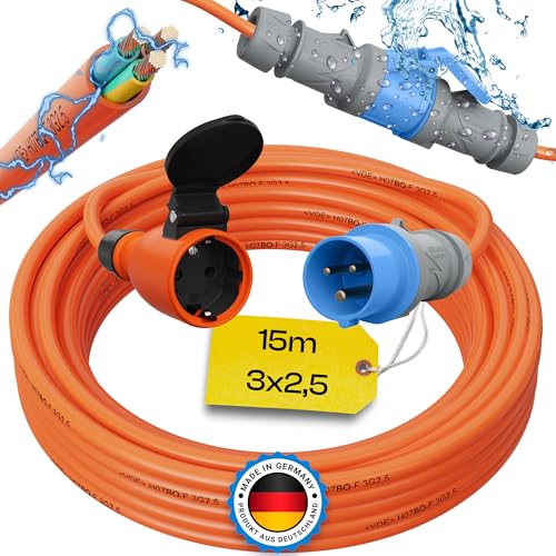 maxgo 15m Camping Adapter CEE auf Schuko 230v 16a 3x2,5 H07BQ-F Stromadapter Stromkabel Landstromanschluss Adapterkabel Verlängerungskabel Kabel Wohnmobil Schukostecker Mennekes Campingkupplung von maxgo