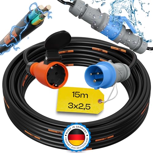 maxgo 15m Camping Adapter CEE auf Schuko 230v 16a 3x2,5 TITANEX Stromadapter Stromkabel Landstromanschluss Adapterkabel Verlängerungskabel Kabel Wohnmobil Schukostecker Mennekes Campingkupplung von maxgo