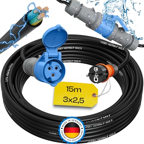 maxgo 15m Camping Adapter Schuko auf CEE 230v 16a 3x2,5 H07RN-F Stromadapter Stromkabel Landstromanschluss Adapterkabel Verlängerungskabel Kabel Wohnmobil Schukostecker Mennekes Campingkupplung von maxgo