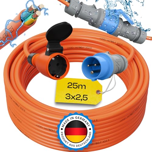 maxgo 25m Camping Adapter CEE auf Schuko 230v 16a 3x2,5 H07BQ-F Stromadapter Stromkabel Landstromanschluss Adapterkabel Verlängerungskabel Kabel Wohnmobil Schukostecker Mennekes Campingkupplung von maxgo