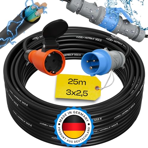maxgo 25m Camping Adapter CEE auf Schuko 230v 16a 3x2,5 H07RN-F Stromadapter Stromkabel Landstromanschluss Adapterkabel Verlängerungskabel Kabel Wohnmobil Schukostecker Mennekes Campingkupplung von maxgo