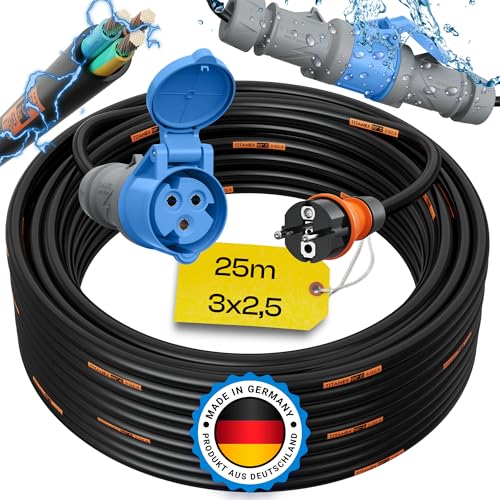 maxgo 25m Camping Adapter Schuko Auf CEE 230v 16a 3x2,5 TITANEX Stromadapter Stromkabel Landstromanschluss Adapterkabel Verlängerungskabel Kabel Wohnmobil Schukostecker Mennekes Campingkupplung von maxgo