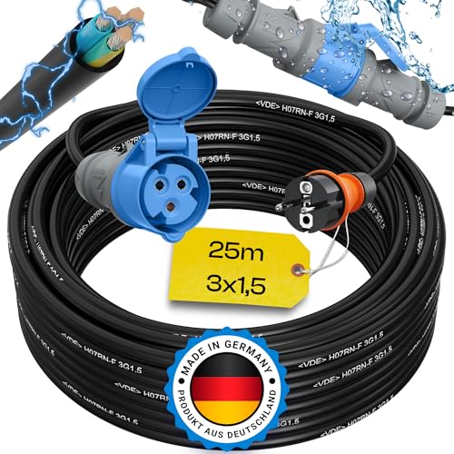 maxgo 25m Camping Adapter Schuko auf CEE 230v 16a 3x1,5 H07RN-F Stromadapter Stromkabel Landstromanschluss Adapterkabel Verlängerungskabel Kabel Wohnmobil Schukostecker Mennekes Campingkupplung von maxgo