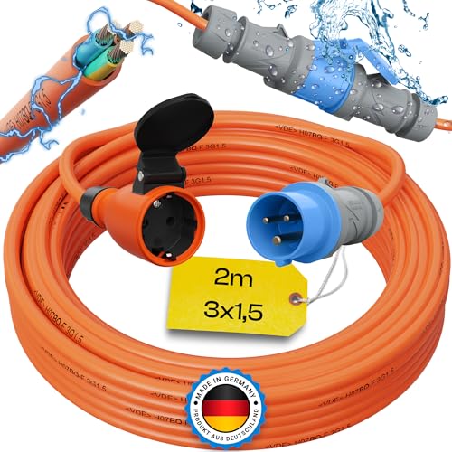 maxgo 2m Camping Adapter CEE auf Schuko 230v 16a 3x1,5 H07BQ-F Stromadapter Stromkabel Landstromanschluss Adapterkabel Verlängerungskabel Kabel Wohnmobil Schukostecker Mennekes Campingkupplung von maxgo