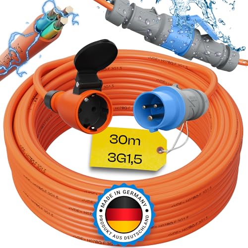 maxgo 30m Camping Adapter CEE auf Schuko 230v 16a 3x1,5 H07BQ-F Stromadapter Stromkabel Landstromanschluss Adapterkabel Verlängerungskabel Kabel Wohnmobil Schukostecker Mennekes Campingkupplung von maxgo