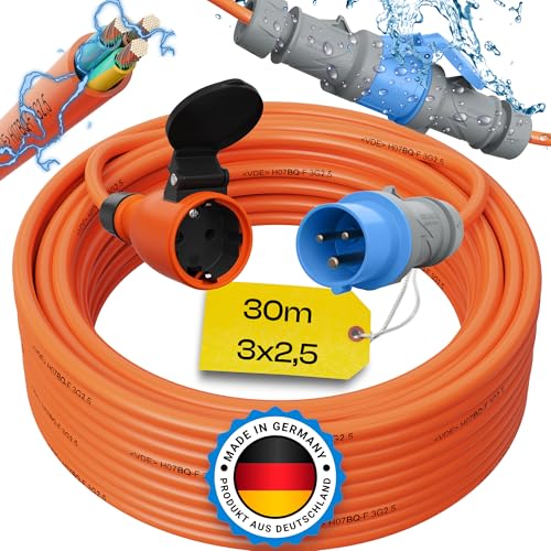 maxgo 30m Camping Adapter CEE auf Schuko 230v 16a 3x2,5 H07BQ-F Stromadapter Stromkabel Landstromanschluss Adapterkabel Verlängerungskabel Kabel Wohnmobil Schukostecker Mennekes Campingkupplung von maxgo