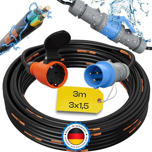 maxgo 3m Camping Adapter CEE auf Schuko 230v 16a 3x1,5 TITANEX Stromadapter Stromkabel Landstromanschluss Adapterkabel Verlängerungskabel Kabel Wohnmobil Schukostecker Mennekes Campingkupplung von maxgo