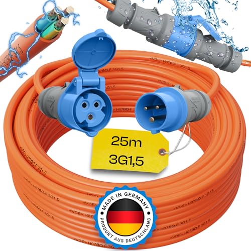 maxgo Camping Stromkabel 25m Wohnwagen Kabel Wohnmobil CEE Stecker Verlängerungskabel Orange 3x1,5 Campingkabel 25 Meter Strom Verlängerung H07BQ-F PUR Outdoor Mennekes von maxgo