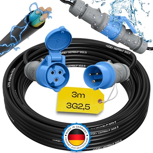 maxgo Camping Stromkabel 3m Wohnwagen Kabel Wohnmobil CEE Stecker Verlängerungskabel 3 Polig 3x2,5 Campingkabel 3 Meter Strom Verlängerung H07RN-F Camper Outdoor Mennekes von maxgo