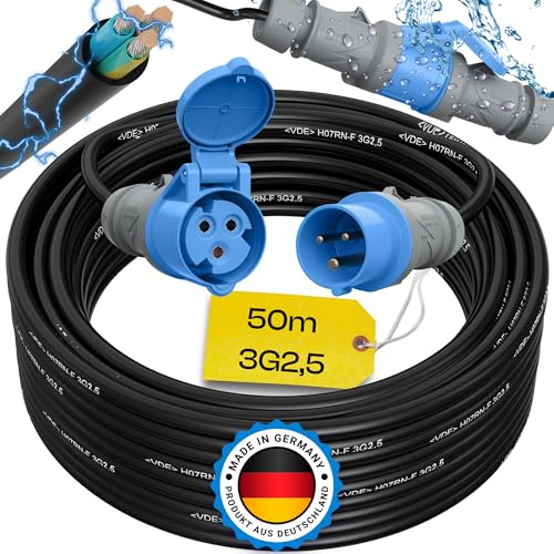 maxgo Camping Stromkabel 50m Wohnwagen Kabel Wohnmobil CEE Stecker Verlängerungskabel 3 Polig 3x2,5 Campingkabel 50 Meter Strom Verlängerung H07RN-F Camper Outdoor Mennekes von maxgo
