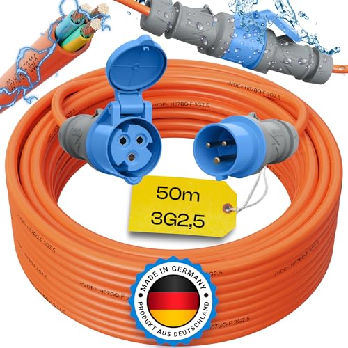 maxgo Camping Stromkabel 50m Wohnwagen Kabel Wohnmobil CEE Stecker Verlängerungskabel Orange 3x2,5 Campingkabel 50 Meter Strom Verlängerung H07BQ-F PUR Outdoor Mennekes von maxgo