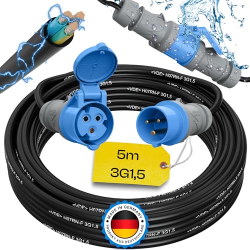 maxgo Camping Stromkabel 5m Wohnwagen Kabel Wohnmobil CEE Stecker Verlängerungskabel 3 Polig 3x1,5 Campingkabel 5 Meter Strom Verlängerung H07RN-F Camper Outdoor Mennekes von maxgo