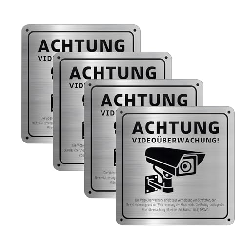 maxtachi Schild Videoüberwachung,4 Stück Vorgebohrte Löcher und Selbstklebende Rückseite Videoüberwachung Schild,Robuster und Langlebiger Aluminiumlegierung,Für Wohngebäude, Lagerhallen-Silber von maxtachi