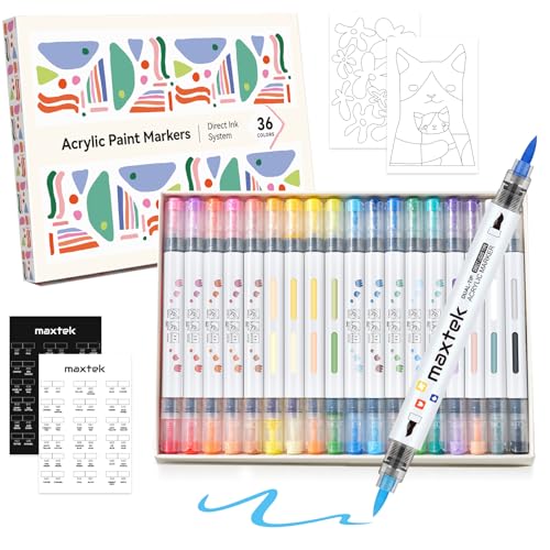 maxtek 36 Farben Acrylstifte, Doppelseitige Weiche Pinselspitze Acrylfarben mit automatischem Tintenkontrollsystem, Wasserfest Acrylmarker Set für Steine, Holz, Leinwand, Glas, Ei und DIY-Handwerk von maxtek