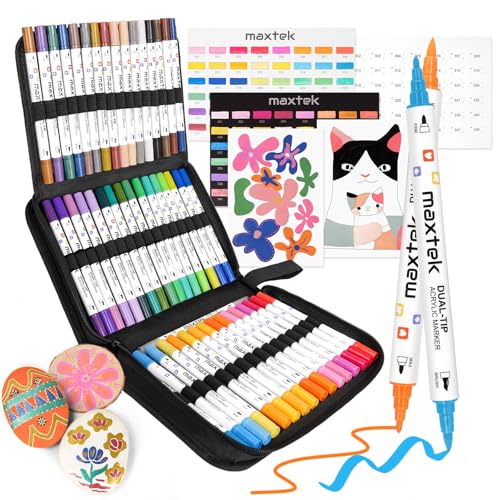 maxtek 48 Farben Acrylstifte Set, Doppelseitige Spitzen, Wasserfest feine Spitze und Pinselspitze Vielseitige Acrylfarben für Steine, Holz, Stoff, Leinwand, Glas, Keramik in Stofftasche maxtek 48 Farben Acrylstifte Set, Doppelseitige Spitzen, Wasserfest feine Spitze und Pinselspitze Vielseitige Acrylfarben für Steine, Holz, Stoff, Leinwand, Glas, Keramik in Stofftasche von maxtek