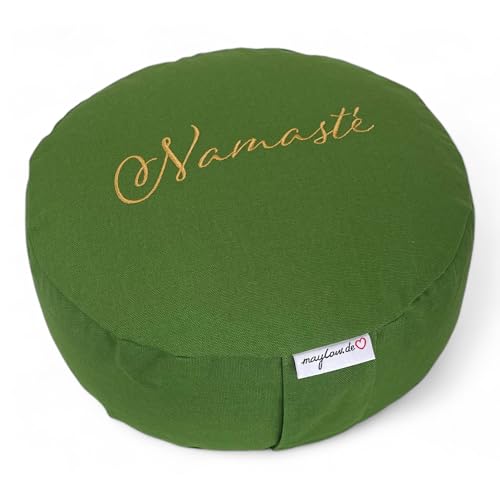 maylow Yoga mit Herz® Hochwertige Meditationskissen Yogakissen Stickerei Namasté Bezug waschbar Innenkissen Buchweizenschalen Ø33 cm H:15cm (Personalisierung nach Wunsch) (Namasté Olive) von maylow Yoga mit Herz