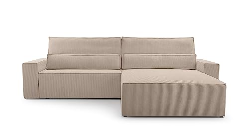 Ecksofa Cord mit Schlaffunktion und Bettkasten Ottomane beidseitig montierbar Couch für Wohnzimmer Schlafsofa Sofagarnitur Sofa Eckcouch L-Form Cordstoff 290x85x200cm Denver (Poso 02 Dunkelbeige) von mb-moebel