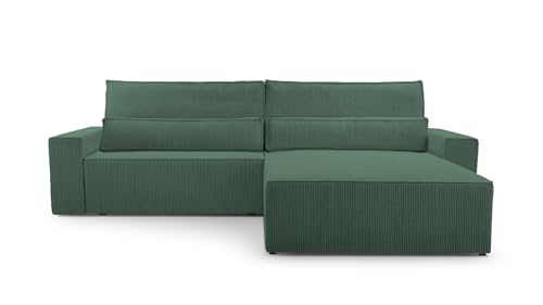 Ecksofa Cord mit Schlaffunktion und Bettkasten Ottomane beidseitig montierbar Couch für Wohnzimmer Schlafsofa Sofagarnitur Sofa Eckcouch L-Form Cordstoff 290x85x200cm Denver (Poso 14 Dunkelgrün) von mb-moebel