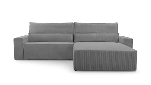 Ecksofa Cord mit Schlaffunktion und Bettkasten Ottomane beidseitig montierbar Couch für Wohnzimmer Schlafsofa Sofagarnitur Sofa Eckcouch L-Form Cordstoff 290x85x200cm Denver (Poso 22 Dunkelgrau) von mb-moebel