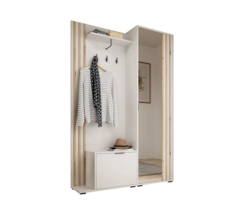 Garderobe mit Spiegel Flurgarderobe Garderobenschrank Kompaktgarderobe Dielenschrank Garderobe Set Regal Diele & Flur Kleiderschrank Schuhschrank 135x197x34 cm John, Weiß und Artisan von mb-moebel