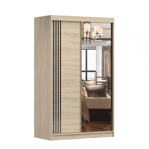 Kleider Kleiderschrank mit Spiegel Schwebetürenschrank 2-türig Schrank mit Einlegeböden und Kleiderstange Schiebtüren Schlafzimmer Wohnzimmerschrank 120x200x61 cm - NOAH 07 (Sonoma, 120) von mb-moebel