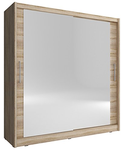 Kleiderschrank Schwebetürenschrank mit Spiegel 2-türig Schrank mit Einlegeböden und Kleiderstange Gaderobe Schiebtüren Borneo 6 (Sonoma, 180 cm) von mb-moebel