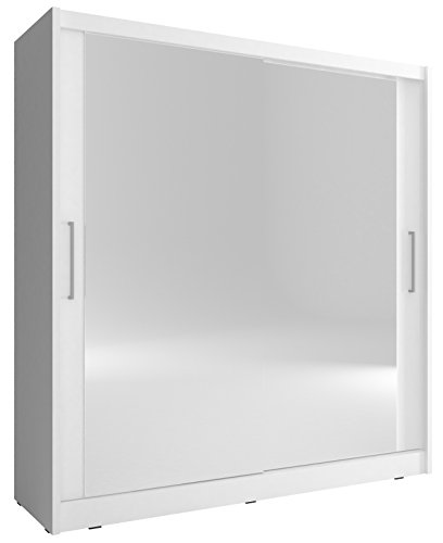Kleiderschrank Schwebetürenschrank mit Spiegel 2-türig Schrank mit Einlegeböden und Kleiderstange Gaderobe Schiebtüren Borneo 6 (Weiß, 180 cm) von mb-moebel