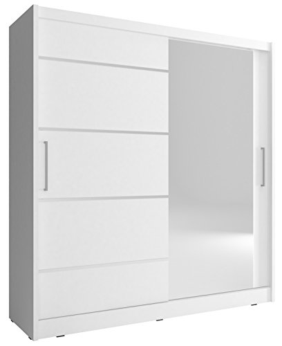 Kleiderschrank Schwebetürenschrank mit Spiegel 2-türig Schrank mit Einlegeböden und Kleiderstange Gaderobe Schiebtüren Fronten mit Aluminium-Deko - 180x62x214cm - Borneo 1 ALU (Weiß, 180 cm) von MEUBLO