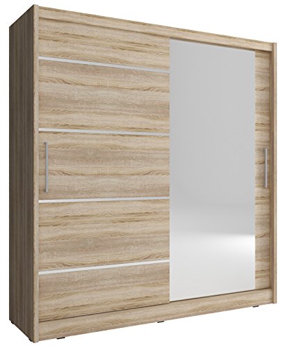 Kleiderschrank Schwebetürenschrank mit Spiegel 2-türig Schrank mit Einlegeböden und Kleiderstange Gaderobe Schiebtüren Fronten mit Aluminium-Deko - 200x62x214cm - Borneo 1 ALU (Sonoma, 200 cm) von mb-moebel