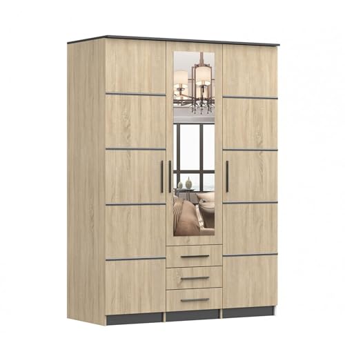 Kleiderschrank mit 3 Schubladen Drehtürenschrank Falttürenschrank mit Spiegel 3-türig Schrank mit Einlegeböden und Kleiderstange Gaderobe 152x61x208 - ANTIS I 3D (Sonoma, 150) von mb-moebel