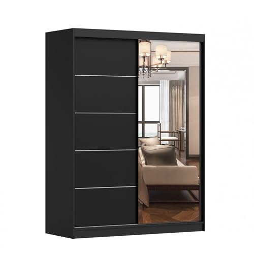 Kleiderschrank mit Spiegel Schwebetürenschrank 2-türig Schrank mit Einlegeböden und Kleiderstange Schiebtüren Schlafzimmer Wohnzimmerschrank 150x200x61 cm - Beni 05 Dark (Schwarz, 150) von mb-moebel