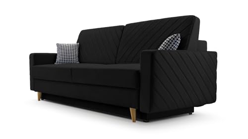 Sofa aus Samtstoff mit Schlaffunktion und Bettkasten Couch für Wohnzimmer Schlafsofa Sofagarnitur Polstersofa Wohnlandschaft mit Bettfunktion Velours 230x100x85cm - CALIFORNIA - Schwarz (Kronos 07) von mb-moebel