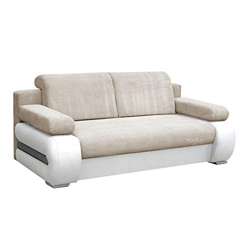 mb-moebel Sofa mit Schlaffunktion und Bettkasten Couch für Wohnzimmer Schlafsofa Schlafcouch Sofagarnitur Polstersofa Wohnlandschaft mit Bettfunktion 3 Sitzer - 206x96x82cm York (Beige und Weiß) von mb-moebel