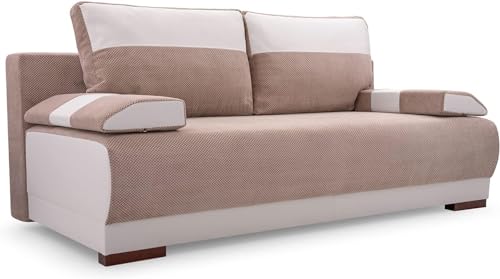 mb-moebel Couch mit Schlaffunktion und Bettkasten Schlafsofa 200cm Breit Gästebett Kindersofa Wohnzimmercouch Bettsofa 3 Sitzer Sofa Ausziehbar Sitzbank 196x92x85 cm Nisa (Beige + Weiß) von mb-moebel