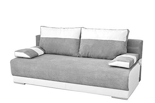 mb-moebel Couch mit Schlaffunktion und Bettkasten Schlafsofa 200cm Breit Gästebett Kindersofa Wohnzimmercouch Bettsofa 3 Sitzer Sofa Ausziehbar Sitzbank 196x92x85 cm Nisa (Grau + Weiß) von MEUBLO