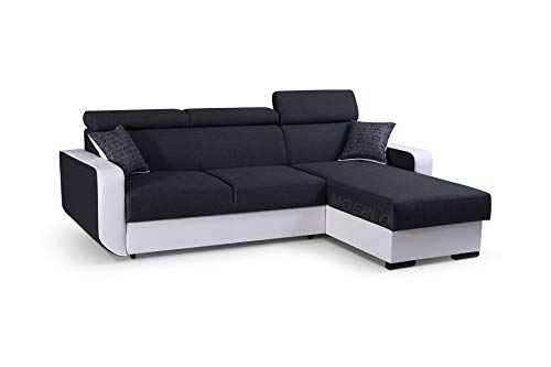 mb-moebel Ecksofa mit Schlaffunktion Eckcouch mit Bettkasten Sofa Couch mit verstellbare Kopfstütze L-Form Polsterecke Schlafsofa Gästebett - 236x165x97 cm - Pedro (Schwarz + Weiß, Ecksofa Rechts) von mb-moebel