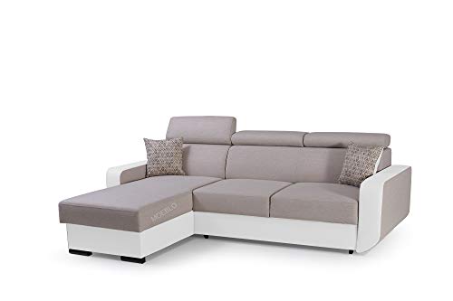 mb-moebel Ecksofa mit Schlaffunktion Eckcouch mit Bettkasten Sofa Couch mit verstellbare Kopfstütze L-Form Polsterecke Schlafsofa Gästebett - 236x165x97 cm - Pedro (Beige + Weiß, Ecksofa Links) von MEUBLO