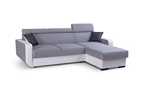 mb-moebel Ecksofa mit Schlaffunktion Eckcouch mit Bettkasten Sofa Couch mit verstellbare Kopfstütze L-Form Polsterecke Schlafsofa Gästebett - 236x165x97 cm - Pedro (Hellgrau + Weiß, Ecksofa Rechts) von mb-moebel