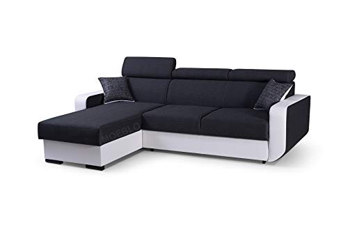 mb-moebel Ecksofa mit Schlaffunktion Eckcouch mit Bettkasten Sofa Couch mit verstellbare Kopfstütze L-Form Polsterecke Schlafsofa Gästebett - 236x165x97 cm - Pedro (Schwarz + Weiß, Ecksofa Links) von mb-moebel