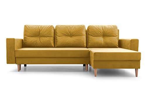 Ecksofa mit Schlaffunktion und Bettkasten Ottomane Links als auch rechts montierbar Couch für Wohnzimmer, Schlafsofa Gästebett Sofa Eckcouch L-Form 232x142x90 cm Carl (Gelb) von mb-moebel