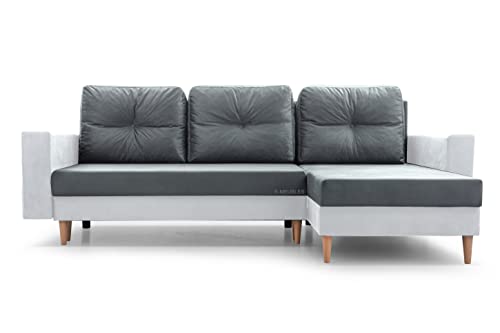 Ecksofa mit Schlaffunktion und Bettkasten Ottomane Links als auch rechts montierbar Couch für Wohnzimmer, Schlafsofa Gästebett Sofa Eckcouch L-Form 232x142x90 cm Carl Grau + Weiß Kunstleder von mb-moebel