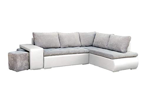 mb-moebel Ecksofa mit Zwei Hocker Sofa Eckcouch Couch mit Schlaffunktion und Bettkasten Ottomane L-Form Schlafsofa Bettsofa Polstergarnitur - 265x280x88cm - BELGRAD (Ecksofa Rechts, Hellgrau + Weiß) von MEUBLO