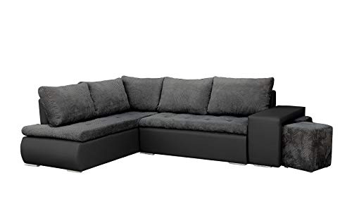 Ecksofa mit Zwei Hocker Sofa Eckcouch Couch mit Schlaffunktion und Bettkasten Ottomane L-Form Schlafsofa Bettsofa Polstergarnitur - 265x280x88cm - BELGRAD (Ecksofa Links, Dunkelgrau + Schwarz) von MEUBLO