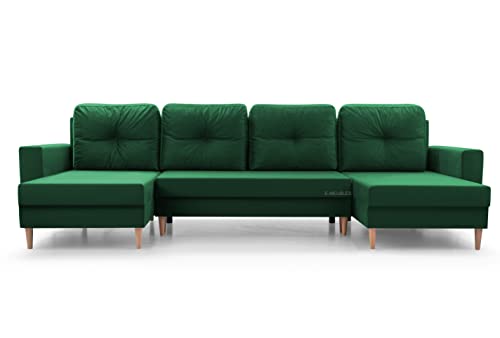 Wohnlandschaft Ecksofa U-Form mit Schlaffunktion Eckcouch mit Bettkasten Sofa Couch Polsterecke U-Sofa - 300x142x90 cm - Carl U (Flaschengrün) von mb-moebel