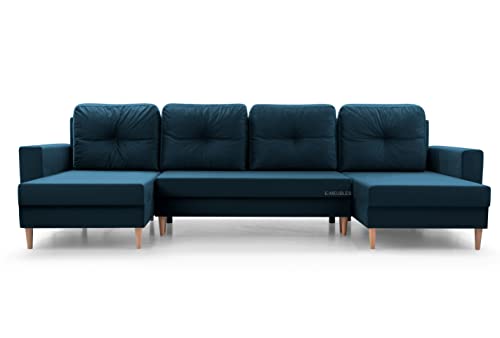 Wohnlandschaft Ecksofa U-Form mit Schlaffunktion Eckcouch mit Bettkasten Sofa Couch Polsterecke U-Sofa - 300x142x90 cm - Carl U (Marineblau) von mb-moebel