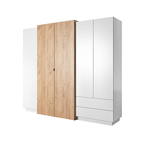 mb-moebel Kleiderschrank Drehtürenschrank mit 2 Schubladen Falttürenschrank 5-türig Schrank mit Einlegeböden und Kleiderstange Garderobe - Schlafzimmer 230x201x51,6 MONET3D von mb-moebel