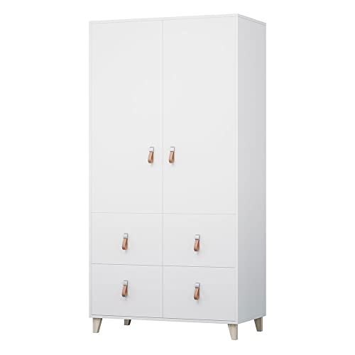 mb-moebel Kleiderschrank Drehtürenschrank mit Schubladen Weiß Falttürenschrank 2-türig Schrank mit Einlegeböden und Kleiderstange Garderobe - Kinderzimmer, Schlafzimmer 104x202x55 FAGO 4S2D von mb-moebel