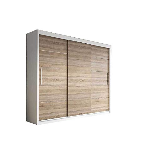 mb-moebel Kleiderschrank Schwebetürenschrank, Kleiderstange und Einlegeboden für Schlafzimmer Wohnzimmer Schiebetüren Schrank Modern Design 250 cm ELBA II (Weiß+ Sonoma) von mb-moebel