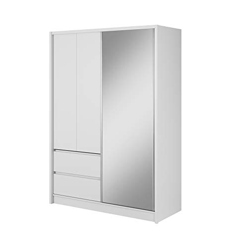 mb-moebel Moderne Schlafzimmer Möbel Kleiderschrank mit Schiebetüren Schubfächern und Spiegel Lucy (Weiss, 150 cm) von mb-moebel