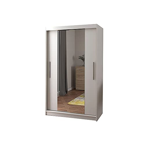 mb-moebel Moderner und funktionaler Schiebe"türen"Schrank Kleiderschrank Schrank Garderobe Zweitürenschrank Spiegeltür 120 cm NOAH 01 (Weiß) von mb-moebel